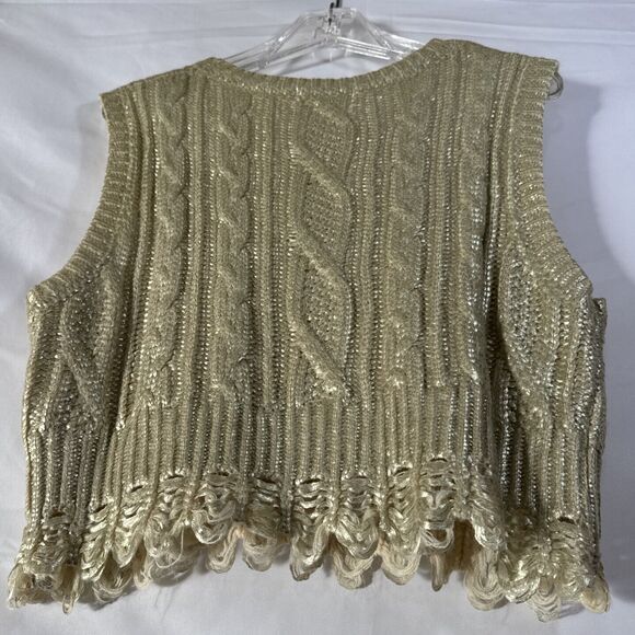 Gold Metallic Crop Tank Top knit Fringe Formal Elegant Women’s Size S Unique - Picture 3 of 11